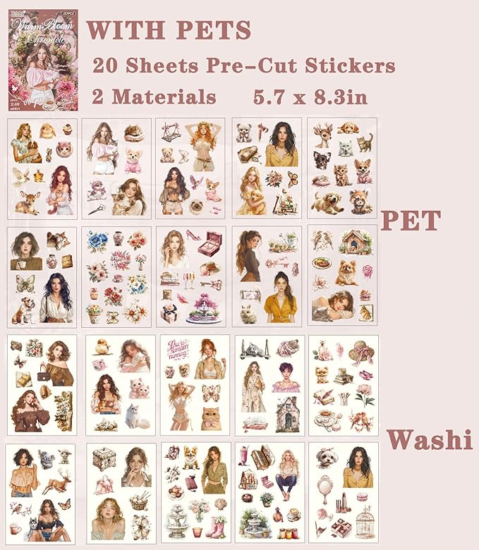 Stickers for Journaling, 20 Sheets Pets Dogs Cats Junk Journal Sticker, PET Washi Materials Scrapbooking Supplies for Adults, Animal Transparent Decorative Art Crafts