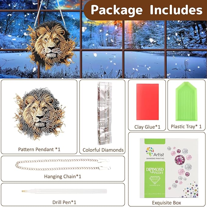 Genius maker Lion Diamond Art Hanging Kits for Adults, Animal Diamond Painting Pendant Kits, DIY Acrylic 5D Special Shaped Crystal Diamonds Gem Art Painting Ornament for Home Wall Decor Gift 8x8 Inch
