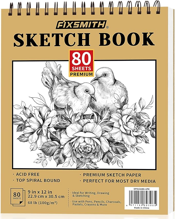 fixsmith 9"x12" sketch book | 80 sheets (68 lb/100gsm) sketchbook | top spiral bound artist sketch pad | acid free drawing pad | ideal for kids, beginners, artists & painters | bright white