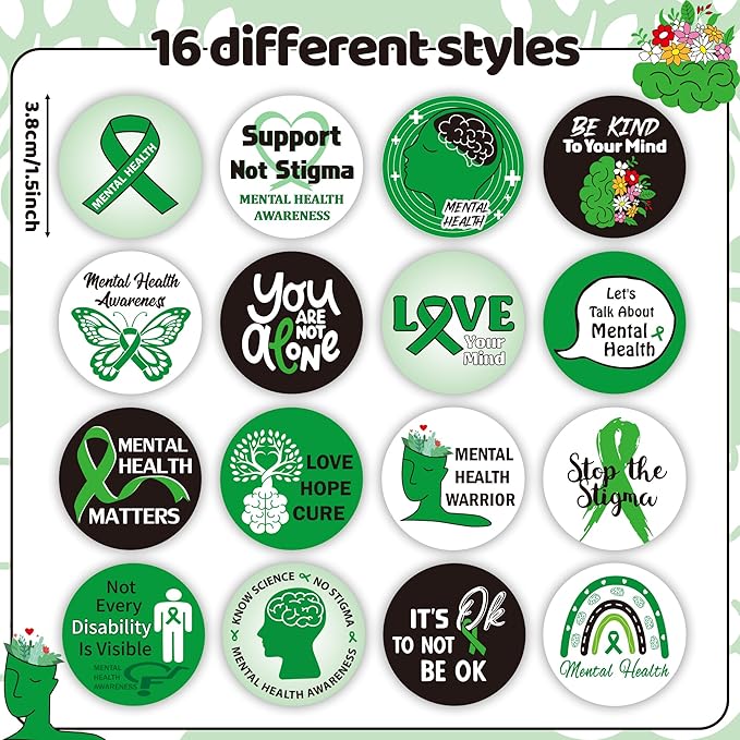 beyumi mental health awareness stickers - 1000pcs mental health awareness round sticker in 2 rolls green ribbon decal school event fundraiser campaign laptop bottle gift envelope decor for kids teens