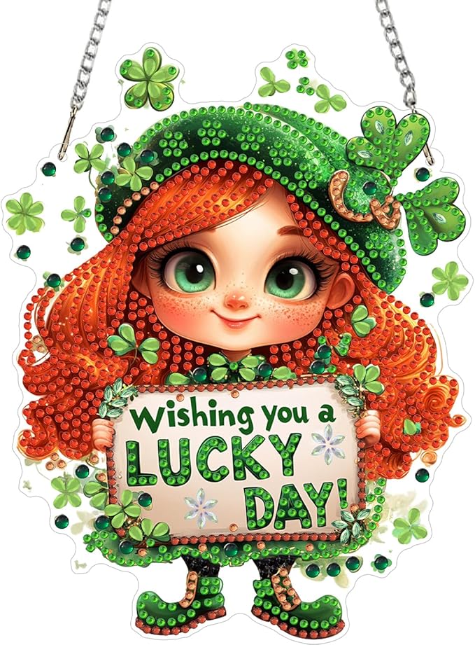 KEYIFA St. Patrick's Day Diamond Painting Kit, DIY Lucky Girl Diamond Art for Adults, Diamonds Pendant Special Shaped Rhinestone Window Hanging Ornaments Home Garden Wall Door Decoration, 20cm Width