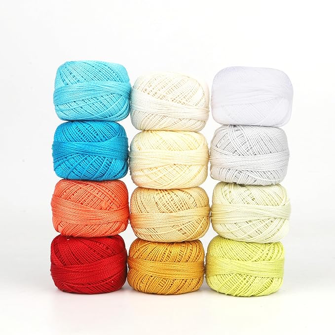 Size 8 Double Mercerized Egyptian Long Staple Cotton Pearl Thread 12 Gradient Colors per Box 5 Grams Ball Rainbow Color Embroidery Thread for Crochet Cross Stitch Hand Embroidery (12S)