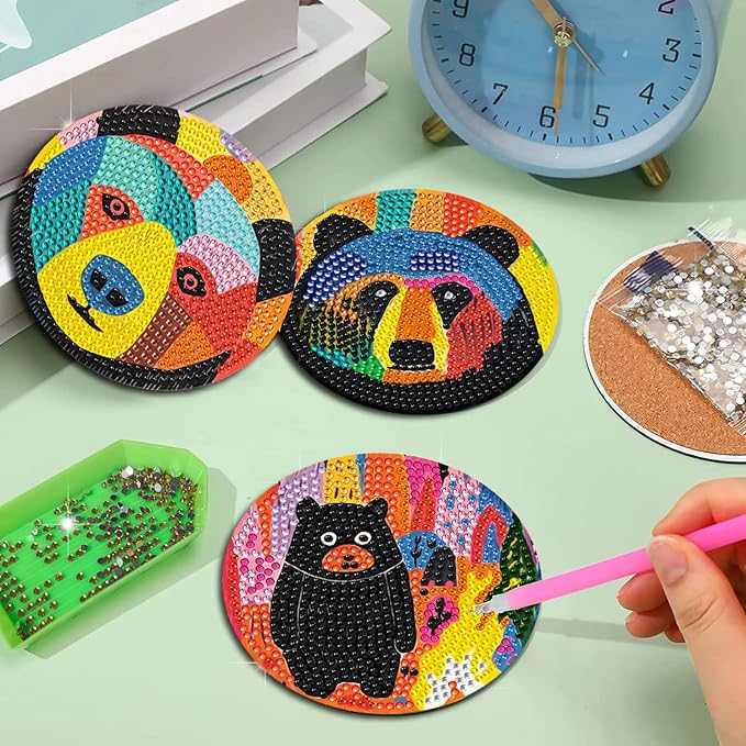 EWJRNSF 6 PCS Small Diamond Art Coasters Kits, Diamond Painting, Fall Diamond Art Kits for Adults Beginners, Arts and Crafts Item Sets with Holder for Drinks Bruin
