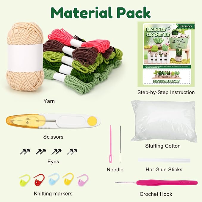 Karsspor Crochet Kit for Beginners, Complete Knitting Kit with Step-by-Step Instructions and Video Tutorials, Crocheting Set- 4 PCS Succulents, DIY Knitting Gift for Adults - Beginner-Crochet Lovers