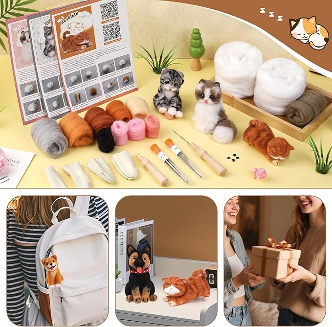 Mayboos 12 Pcs Needle Felting Kit, Animal Needle Felting Beginner Kits Wool Felt Needle Felting Tools with Instruction for DIY Craft Animal Home Decoration