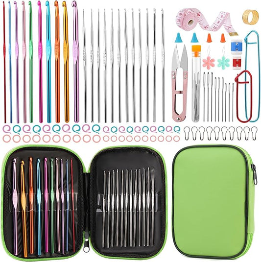 96 PCS Crochet Needles Set, Crochet Hooks Kit with Storage Bag, Metal Crochet Hooks with Stitch Markers, Large-Eye Blunt Needles for Crochet Lovers (Green)