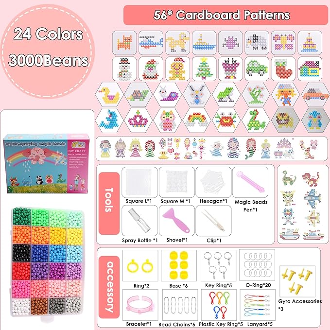 sigowal 3000 pcs non-iron fuse beads kit, 24 colors 5mm water fuse beads for kids, no heat bead creative refill set diy starter gift for new years, birthdays, christmas