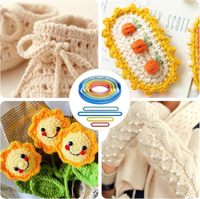 cureder Knitting Loom Craft Kit - Long Knitting Loom and Round Knitting Loom - Include 2 Knitting Yarn Loom Needle and 2 Plastic Loom Pick, (4 Round Loom&4 Long Loom), Great for Kids or Baby Blanket