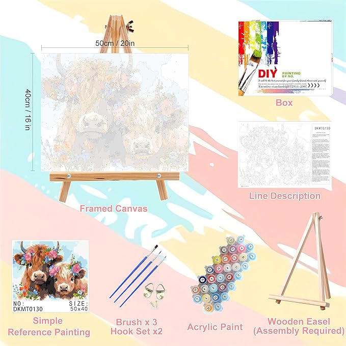 Highland Cow Paint by Numbers for Adults with Framed Canvas-with Wooden Easel,Cow Paint by Number on Canvas,DIY Acrylic Oil Painting Kits with Brushes Nice Gift Box for Home Wall Decor(16x20inch)