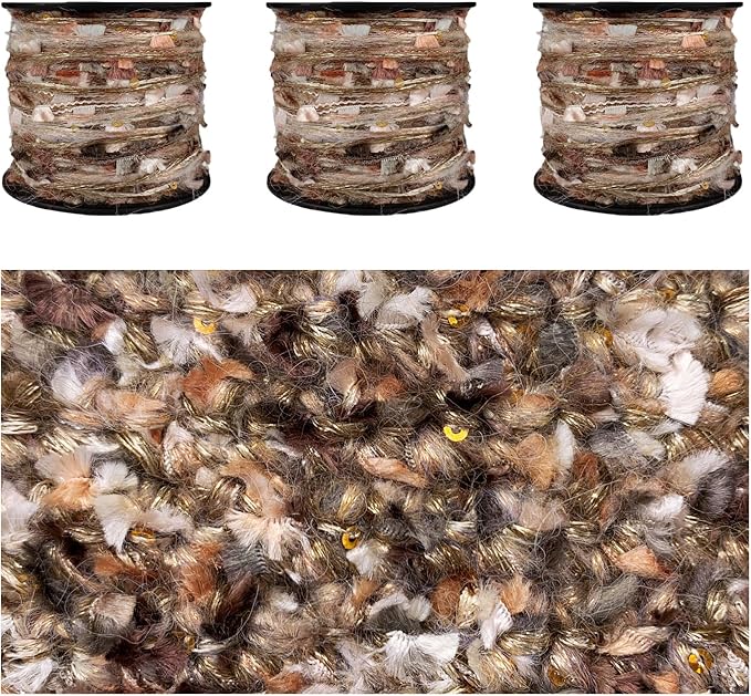 Artisanal Yarn Collection Multifiber Fancy Yarn with Sequins for Knitting Crocheting Crafts DIY, Set of 3 Rolls (Hazel Brown)