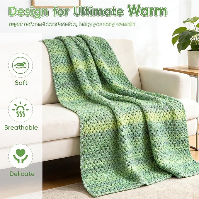 Aeelike Blanket Crochet Kit for Beginners, Super Easy Crochet Blanket Kit with Soft & Colorful Gradient Yarns Detailed Video Tutorials Crocheting Accessories, Moss Green Gradient & Ideal Gift
