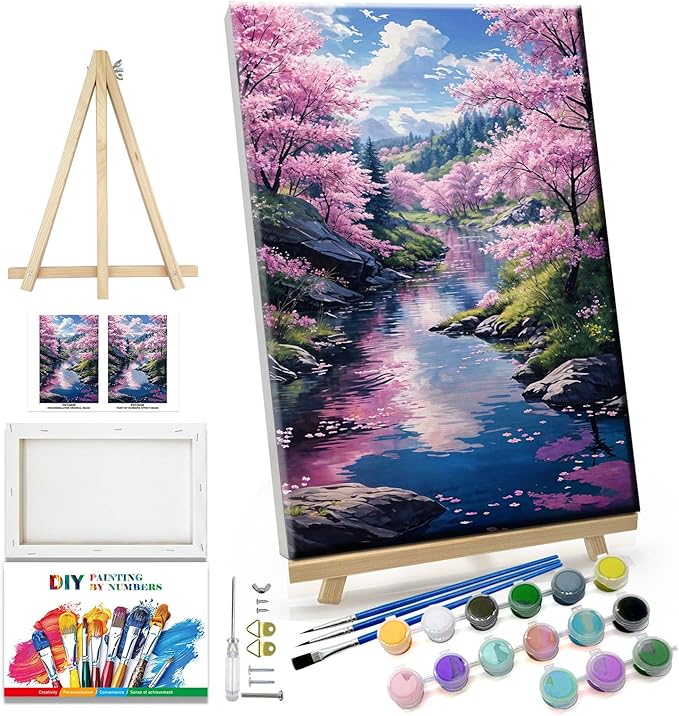 JOOZ Landscape Paint by Number Kit for Adults Beginner with Easel Forest Adult Paint by Number Kits on Canvas with Frame DIY Oil Painting Kits for Gift Home Wall Decor 7.87x11.81 Inch