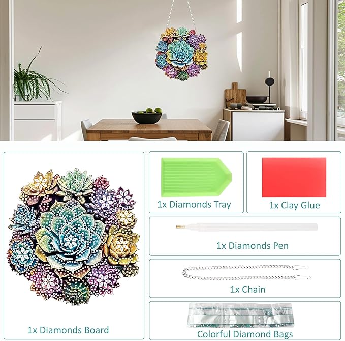 SENQAO Mandala Diamond Art Hanging Kit for Adult, Special Shaped Rhinestone,DIY Acrylic 5D Diamond Art Painting Window Pendants Home Garden Wall Hanging Kits Hanging Ornament（Mandala Succulent Plants）