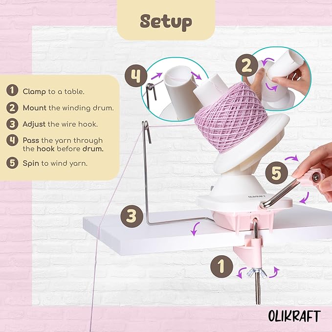 Olikraft Manual Yarn Winder | Yarn Ball Winder, Roller, Baller Crochet Spinner for Crocheting | Clamp for 1 3/4" Surfaces | Create Cakes up to 4oz