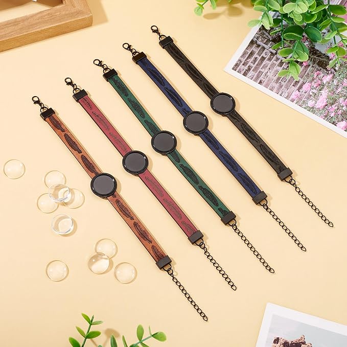 FASHEWELRY 5Pcs PU Leather Cord Bracelet Blanks Bezel Tray Settings Black Flat Round Tray Cabochons Adjustable Round Tray Bracelet Kits with Glass Cabochons for Jewelry Making