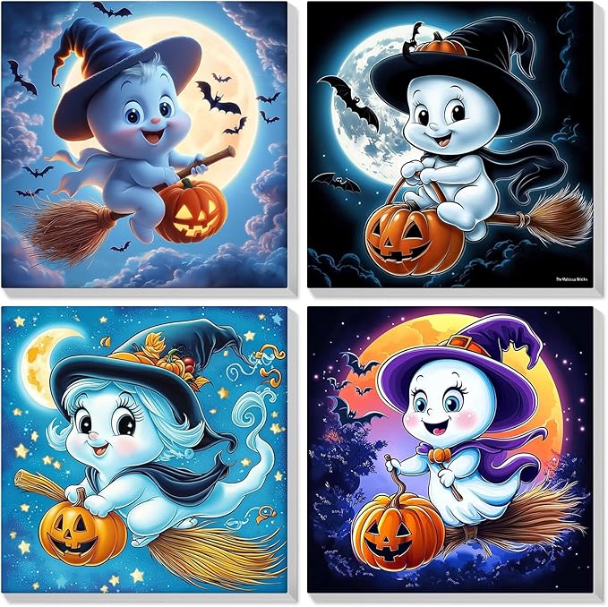 Bowetile 4 Pack Halloween Framed Paint by Numbers for Adults, Ghost Paint by Numbers for Kids Ages 8-12 on Canvas, Easy Acrylic Cartoon Number Painting Halloween Gifts for Home Wall Decor, 8x8in