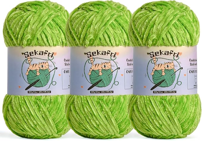 3 Pack of 300g (590yds) Fuzzy Chenille Yarn for Crocheting,Fluffy Amigurumi Crochet Yarn for DIY Craft/Hat/Clothes, Soft Velvet Baby Blanket Yarn（3 Lime Green）