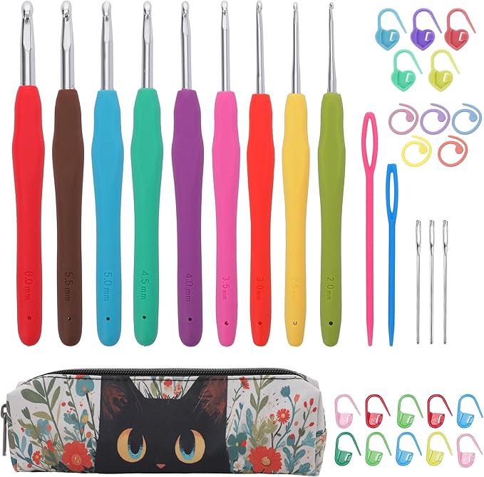 Crochetbox Crochet Hooks Set, 9 Size 2mm(B)-6mm(J) Ergonomic Handles Crochet Hooks with Case for Arthritic Hands, Kintting Needle with Crocheting Tool for Crocheters