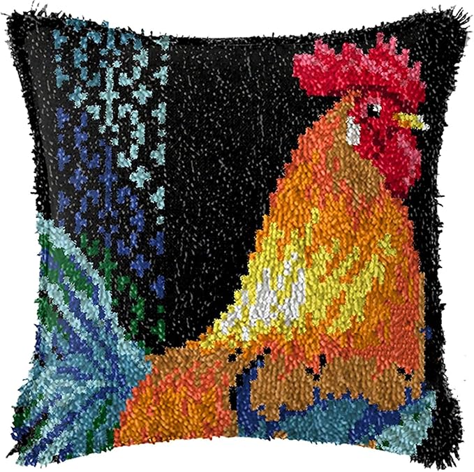 ZFFLYH Latch Hook Kit for Adults and Kids, Chickens Printed Pattern Canvas and Precut Wools, Pillow Cover Handcraft Printed Pillowcase Embroidery Set
