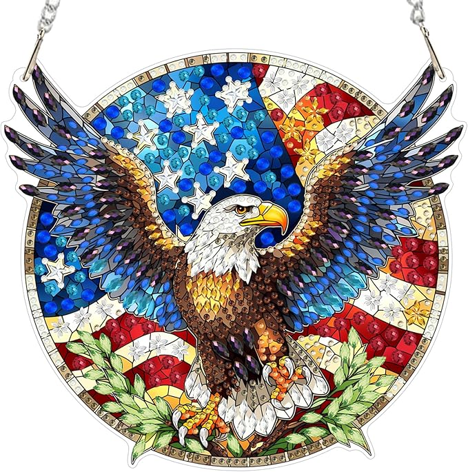 MXJSUA American Bald Eagle Diamond Painting Art Window Suncatchers, Diamond Art Kits for Adults Hanging Ornaments with Chain, 5D Special Shape Crystal Diamond Pendant Accessories for Decor Gift