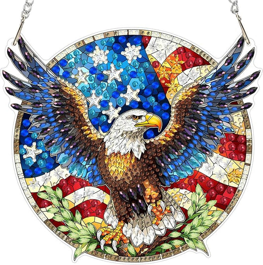 MXJSUA American Bald Eagle Diamond Painting Art Window Suncatchers, Diamond Art Kits for Adults Hanging Ornaments with Chain, 5D Special Shape Crystal Diamond Pendant Accessories for Decor Gift