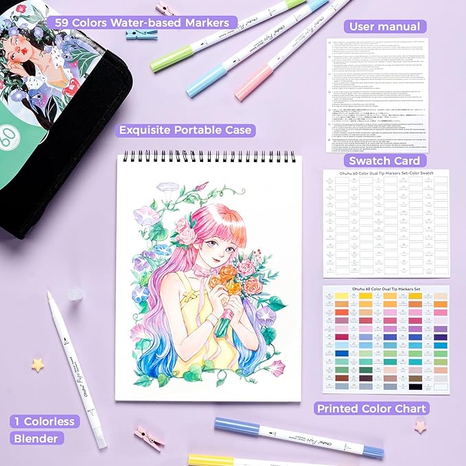 Ohuhu Markers Paper-friendly No Peeling Water-based 60 Colors Dual Brush Fineliner Tips Markers for Adult Coloring Books No Bleeding Coloring Markers for Kids Beginner Calligraphy - Pupe