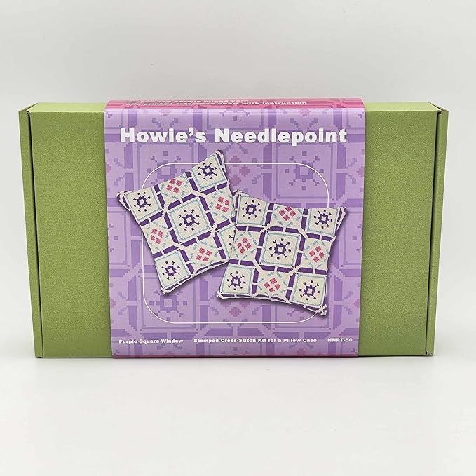 Howie's Needlepoint Needlepoint Kits for Adults, Pillow Front Cross Stitch Kit with Embroidery Pattern on Canvas, Yarn, 2 Needles and Instruction, 16 x 16inch(Purple Square Window)