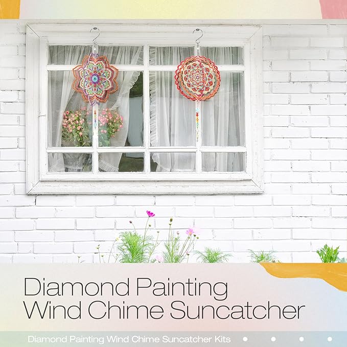 Queekay 2 Pieces 3D Diamond Painting Wind Chime Diamond Art Suncatcher Kits Three Dimensional by Number Hanging Ornament Double Sided Crystal Suncatcher Window Decor for Home Wall Garden (Flower)