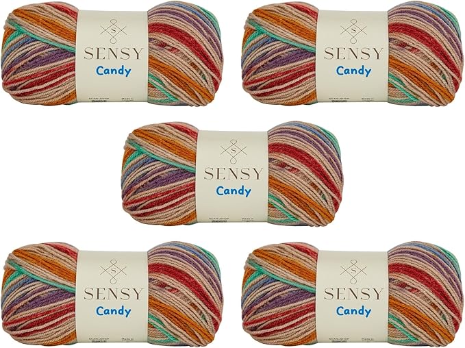 Sensy Candy Yarn - 5 Skeins, 3.5 oz, 251 Yards, Multicolor for Crocheting and Knitting, Light Gauge 3