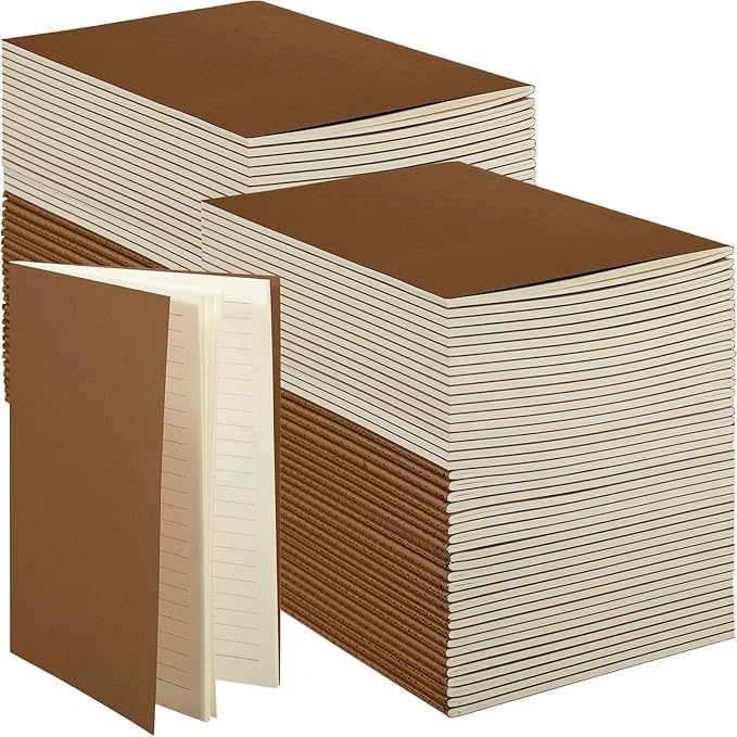 mimorou 100 pcs journals notebooks bulk - kraft softcover a5 small notebooks 5.5 inch x 8.3 inch notepads with 60 page 30 sheet for writing sketch travel office supplies(dark brown,lined)