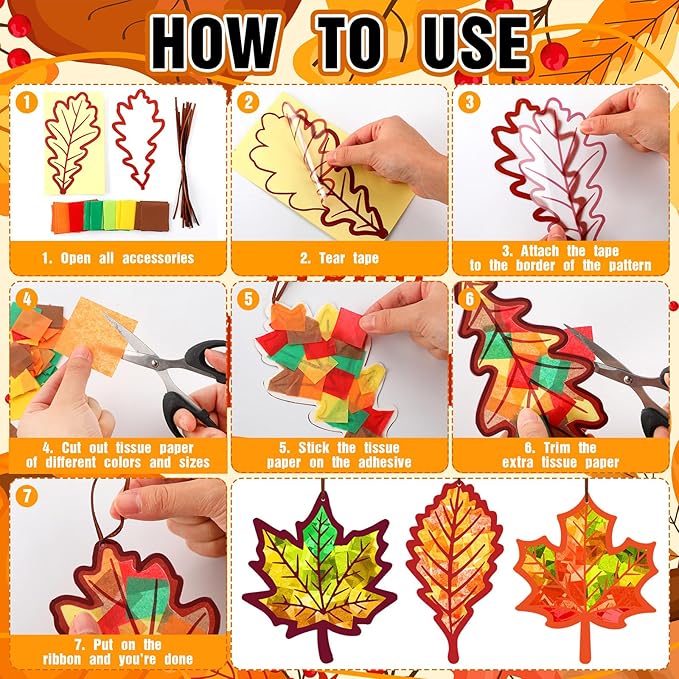 Motipuns 32 Sets Thanksgiving Day Maple Leaf Suncatchers Craft Kits DIY Fall Leaf Tissue Paper Crafts Stained Glass Effect Tissue Paper Kit for Autumn Halloween Window Art