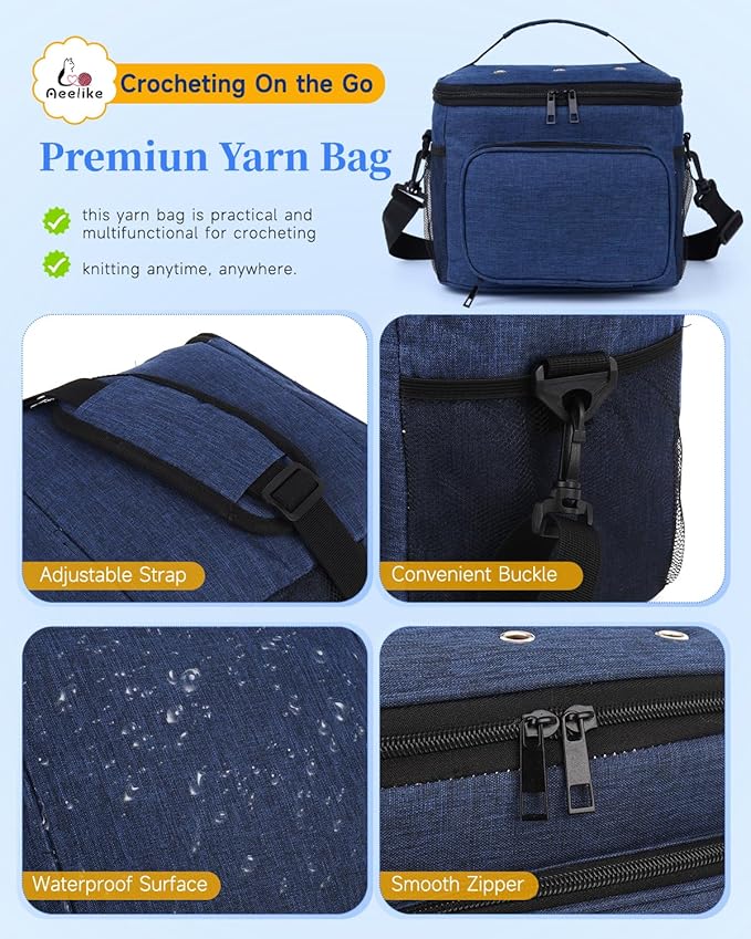 Aeelike Yarn Storage Organizer Travel Crochet Bag, Large Capacity Tote Bags Knitting Bag for Carrying Projects, Knitting Needles,Crochet Hooks and Yarn, Blue