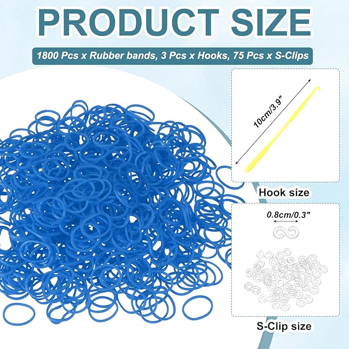 MECCANIXITY 1800 Pcs Loom Rubber Bands Kit with 75 Pcs S-Clips 3-Hooks Rubber Bands Refill Bracelet Making Kits for Weaving DIY Handcrafts Gift, Blue