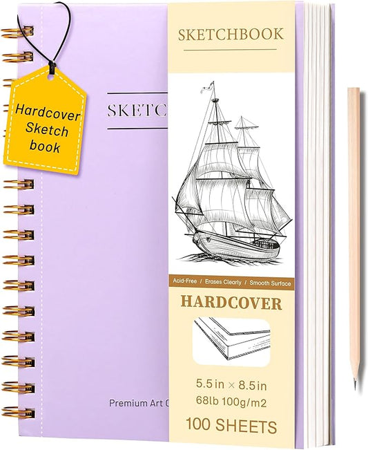 Yoment 5.5" x 8.5" Sketch Book, Small Sketchbook for Drawing, 100 Sheets(68 lb/100gsm) Hardcover Spiral Sketch Pad for Kids with Pencil Art Sketchbook Drawing Paper Pad Book for Adults Artists,Purple