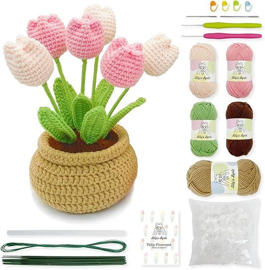 Lily's Lyric Flower Crochet Kit | Tulip Flowerpot | Step-by-Step Video Tutorial for Adults Teenagers | DIY Home Decoration Craft Gift Idea Pink