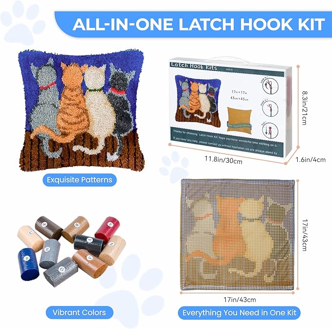 EsLuker.ly Latch Hook Pillow Kit DIY, Cat Latch Hook Kits for Beginners, Cushion Craft Kit with Pre-Printed Canvas, Cute Animal Latch Hook Craft for Home Sofa Decor