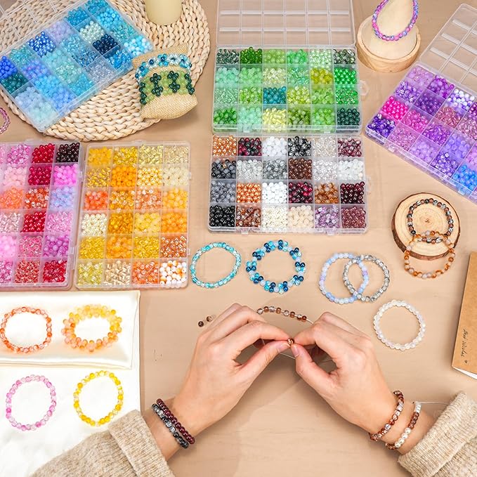 7200PCS 6mm Glass Beads Bracelet Making Kit, 144 Colors Assorted Crystal Beads for Bracelets and Jewelry Making, Round Crackle Glass Beads for DIY Necklace Friendship Bracelets Earring Crafts