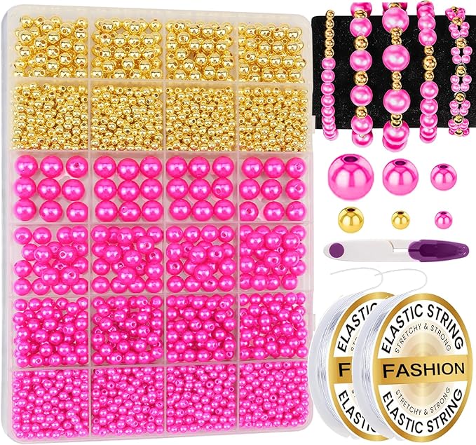2116 PCS Pearl Beads for Bracelet Making Kit Gold Beads for Jewelry Making Kit Gold Small Spacer Bead Hot Pink Pearl Bead for Crafting Charms Necklace Earrings DIY Craft for Women Adult