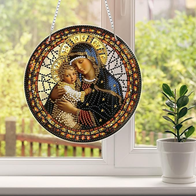 HEIBAGO Easter Diamond Art Hanging Kits for Adults, Diamond Art Suncatchers Virgin Mary, 5D Special Shape Diamond Painting Pendant, DIY Window Ornament Gifts for Home Garden Door Wall Decor 8.3x8.3 In