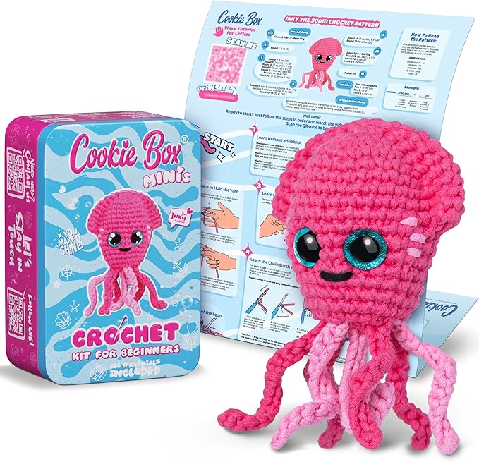 Cookie Box MINIs Crochet Kit for Beginners – Gift Set to Make Squid Inky Amigurumi Plushie – Easy DIY Crochet & Knitting Starter Kit with Printed Instructions & Step-by-Step Video Tutorial