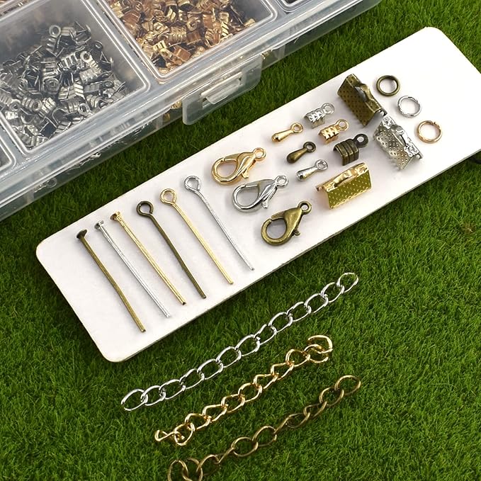 Jewelry Making DIY Kit Accessories, Jewelry Repair Tool Set with Ribbon Crimp Ends, Lobster Clasps, Head Pins, Eye Pins, Jump Rings, Extender Chain, Teardrop Dangle End Beads, Cord Crimp End Tips