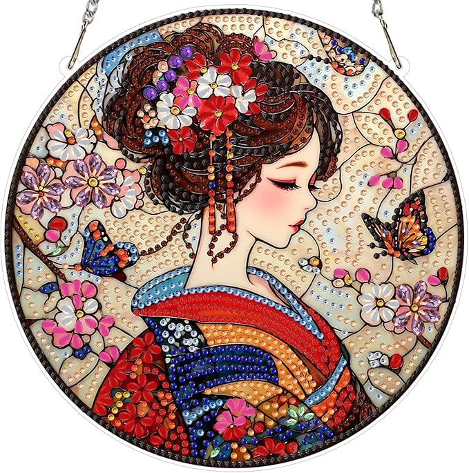Lxmsja DIY Stained Glass Japanese Diamond Painting Hanging Ornament, Double-Sided Acrylic Geisha Kimono Diamond Art Kit, Special Shaped Suncatcher Hanging Pendant Window Art Kit