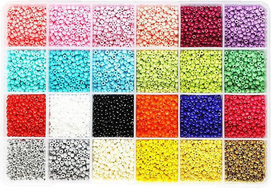 8/0 Glass Seed Beads - 7200pcs (3mm) 24 Colors Jewelry Making Kit with Storage Box, Ideal for Bracelets, Necklaces, DIY Crafts