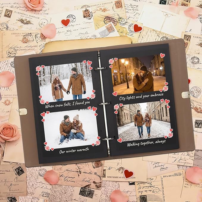 Vienrose Photo Album Scrapbook Kit, 3 Ring Faux Leather Cover DIY Memory Book Kraft Paper with 30 Sheets 60 Pages, Vintage Scrapbooking Supplies Set for Wedding, Anniversary, Valentine Gifts, Black