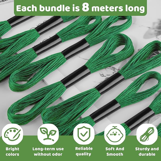 24 Skeins Green Embroidery Floss, Embroidery Thread, Friendship Bracelet String with Floss Bobbins, Cross Stitch for DIY Making, Embroidery Crafts