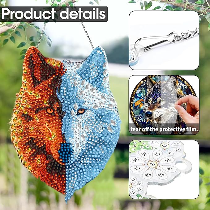 SKRYUIE Wolf Hanging Diamond Art Kits for Adults Pendant Suncatcher, Special Shaped Crystal DIY Pearl Diamond Painting Kit, Gift for Mother Spring Summer Window Wreath Decor 7.91 x 6.02 Inch A3