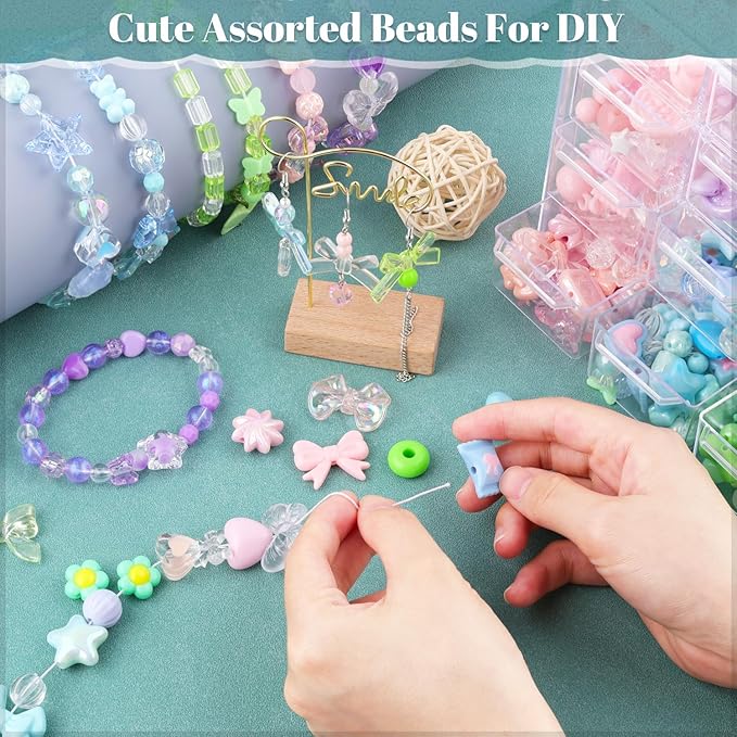 tinkrstuff assorted 180-240pcs acrylic beads for bracelet making, flower bow butterfly candy gummybear aesthetic bracelet charms,cute beads for jewelry making diy necklace keychain phone charm