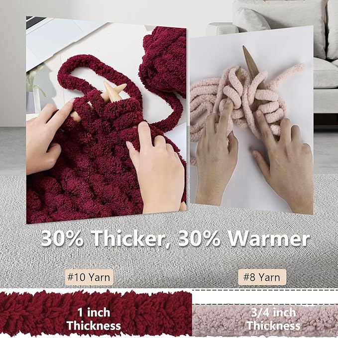 Chunky Yarn for Hand Knitting - #10 Chunky Chenille Yarn, Jumbo Big Thick Chunky Yarns for Crocheting, Super Bulky Chunky Knit Blanket Yarns, 8 Skein (25 yds 8 oz Each Skein), Burgundy