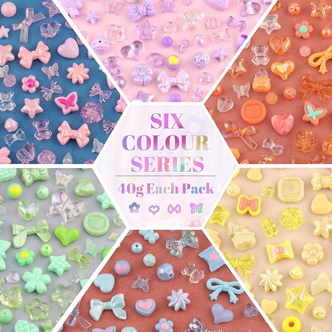 400-450pcs tinkrstuff assorted acrylic beads 6 mixed colors cute beads for bracelet making, bow aesthetic flower gummybear butterfly kawaii charms for jewelry making diy necklace keychain phone charm