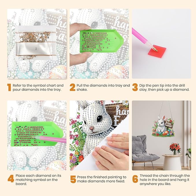 MXJSUA Diamond Art Hanging Kits for Adults Beginners, DIY Acrylic 5D Special Shaped Crystal Diamond Gem Art Painting Hanging Ornament for Home Wall Decor and Gift (White Easter Bunny)